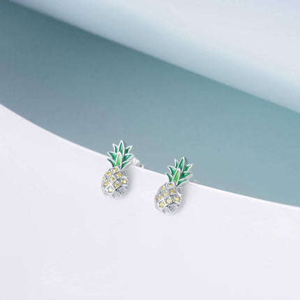 925 Sterling Silver Pineapple Stud Earrings with Green Enamel and Yellow CZs - Fashionable Gift for Women & Teenage Girls