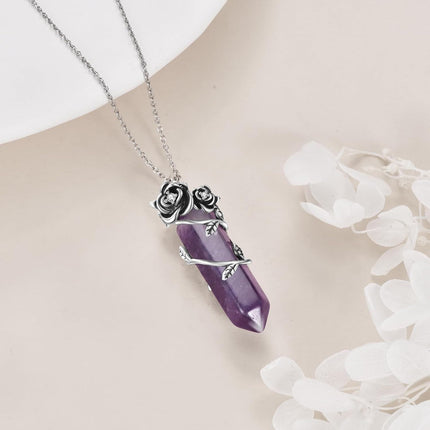 925 Sterling Silver Purple Amethyst Crystal Flower Pendant Necklace for Women Gifts
