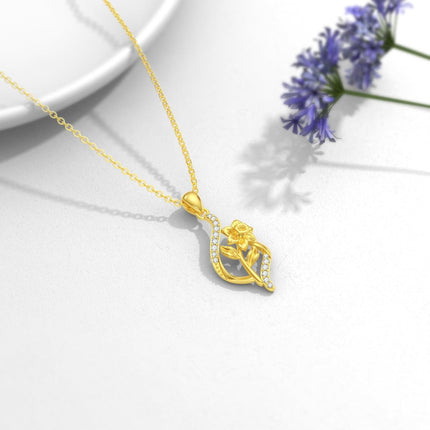 14K Gold Floral Pendant Necklace with Cubic Zirconia and Chain - Birthday s for Her