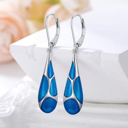 925 Sterling Silver Blue Enamel Tear Drop Leverback Earrings for Women Gift Ideas
