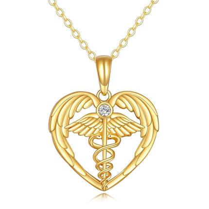 14K Gold Caduceus Heart Pendant Necklace Medical Symbol s for Nurses