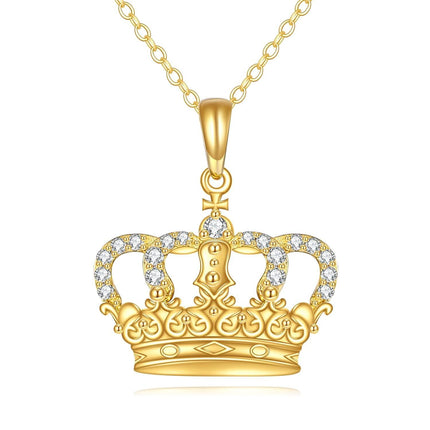 14K Gold Diamond Pearl Crown Pendant Necklace for Women