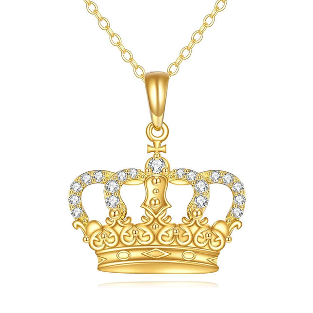 14K Gold Diamond Pearl Crown Pendant Necklace for Women