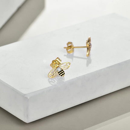 925 Sterling Silver Honeybee Stud Earrings with Black Enamel and Cubic Zirconia for Women
