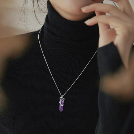 925 Sterling Silver Purple Amethyst Crystal Flower Pendant Necklace for Women Gifts