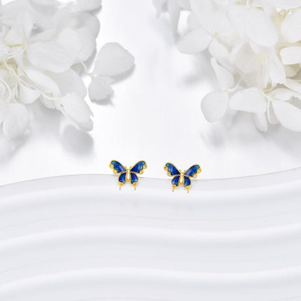 14K Gold Blue Enamel Butterfly Stud Earrings for Women