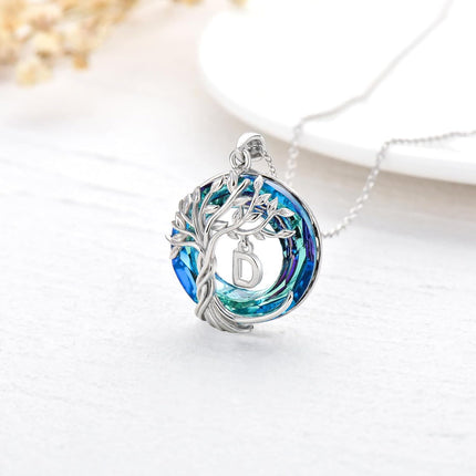 925 Sterling Silver Blue Crystal Tree of Life Initial Necklace Family Letter Pendant Birthday Mother s Day Gifts for Her