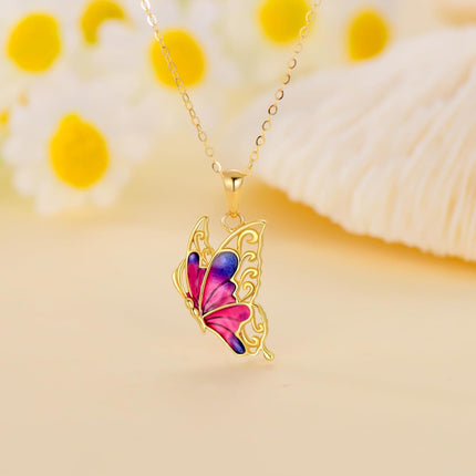 14K Gold Purple & Pink Enamel Butterfly Pendant Necklace for Women
