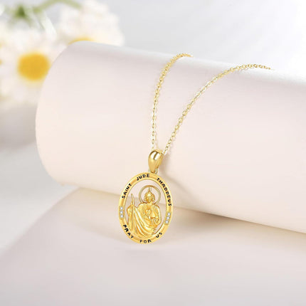 14K Gold Saint Jude Thaddeus Pendant Necklace with Cubic Zirconia - Religious Protection s for Women on Valentines and Mother's Days