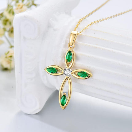 14K Gold Emerald and Diamond Flower Cross Pendant Necklace for Women 28 Chain