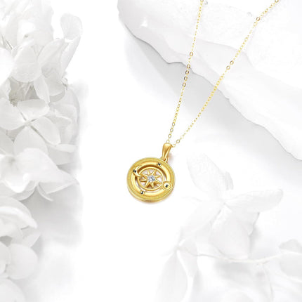 14K Gold Compass Pendant Necklace with Diamond Accent and Moon Phase Design for Women (Length: 36)