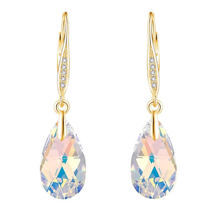 925 Sterling Silver Teardrop Purple Blue Aurora Borealis Crystals Leverback Earrings