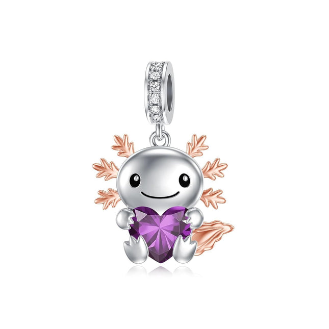 925 Sterling Silver Axolotl Charm with Pink Birthstone Heart Pendant for Bracelets Jewelry Making Gifts for Women