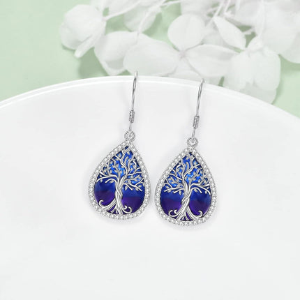 925 Sterling Silver Blue & Purple Enamel Celtic Tree Of Life Drop Dangle Hook Earrings For Women  4cm Long