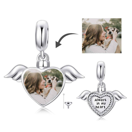 925 Sterling Silver Heart Photo Charm with Wings Cremation Keepsake Urn for Ashes Bracelet Necklace Gift for Women