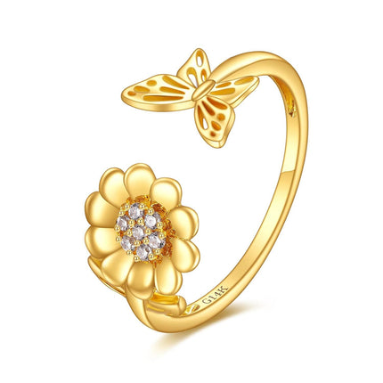 14K Gold Adjustable Bee and Daisy Flower Open Ring  for Women Her