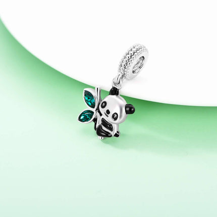 925 Sterling Silver & Austrian Crystal Cute Smiling Panda Eating Bamboo Charm for Bracelet Necklace Gift