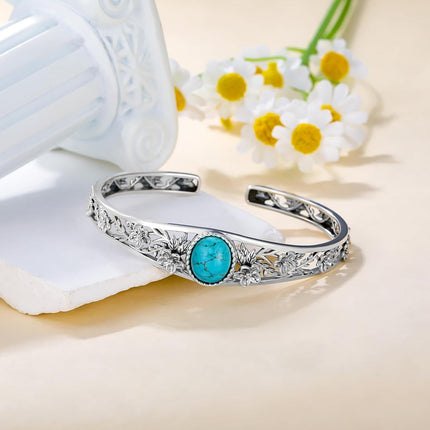 925 Sterling Silver Turquoise Floral Vine Adjustable Bracelet Cuff