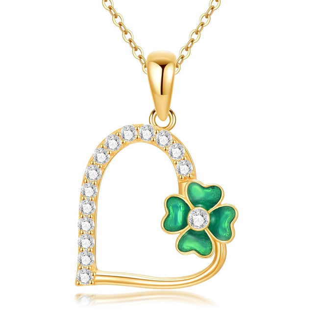 14K Gold Green Enamel Four-Leaf Clover Pendant Necklaces for Women - 18 Chain
