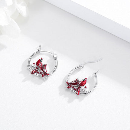 925 Sterling Silver Cardinal Bird Red Enamel Branches Huggie Hoop Earrings