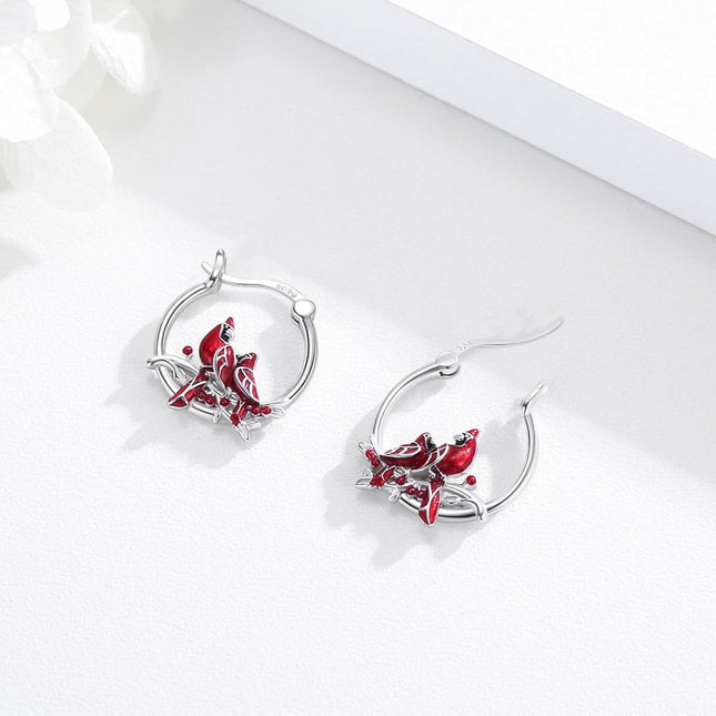 925 Sterling Silver Cardinal Bird Red Enamel Branches Huggie Hoop Earrings