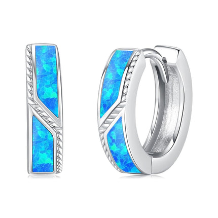 925 Sterling Silver Blue Opal Viking Celtic Cross Huggie Hoop Earrings 14g for Women Men Gifts