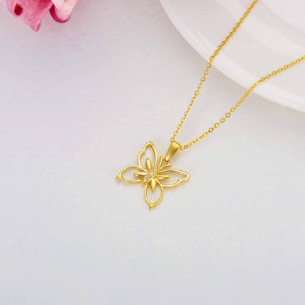 14K Gold Natural Diamond Butterfly Pendant Necklace 16+2 inch Chain for Women
