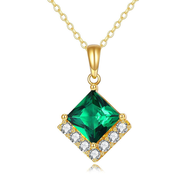 14K Gold Princess Cut Green Stone & White Cubic Zirconia Pendant Necklace for Grandma