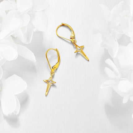 14K Gold Star Drop Dangle Leverback Earrings with Diamonds for Women Christian s