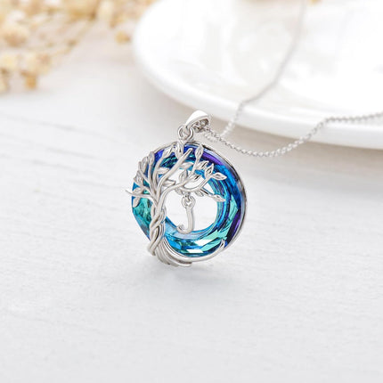 925 Sterling Silver Blue Crystal Tree of Life Initial Necklace Family Letter Pendant Birthday Mother s Day Gifts for Her
