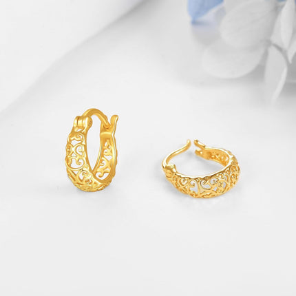 14K Yellow Gold Infinity Twist Filigree Huggie Hoop Earrings for Women
