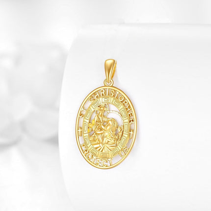 14K Gold Saint Christopher Protect Us Religious Pendant Necklace for Men & Women