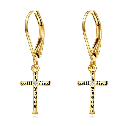 14K Gold Religious Cross Dangle Earrings - Christian Baptism Communion Gift for Women