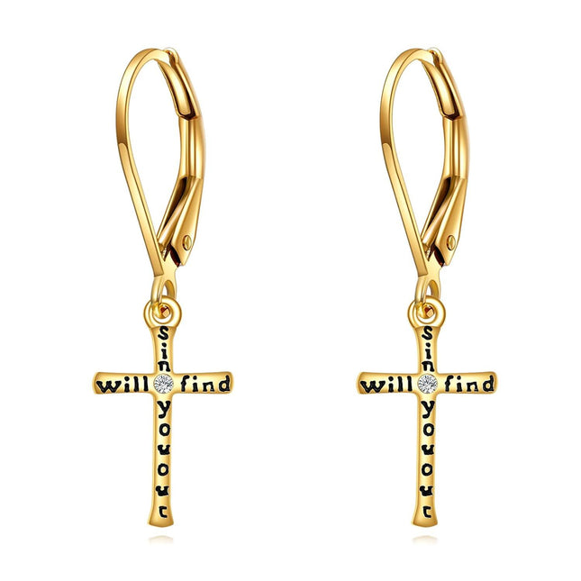 14K Gold Religious Cross Dangle Earrings - Christian Baptism Communion Gift for Women