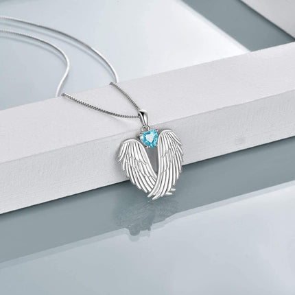 925 Sterling Silver Birthstone Angel Wings Pendant Necklace