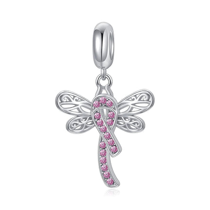 Sterling Silver & Pink Austrian Crystals Dragonfly Pink Ribbon Charm for Pandora Bracelets 15.1x16.8mm