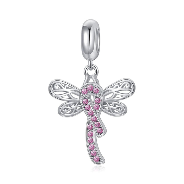 Sterling Silver & Pink Austrian Crystals Dragonfly Pink Ribbon Charm for Pandora Bracelets 15.1x16.8mm