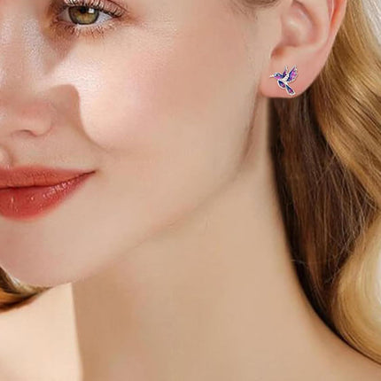 925 Sterling Silver Enamel Hummingbird Stud Earrings - Colorful Bird Gifts for Her