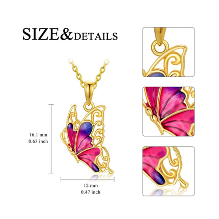 14K Gold Purple & Pink Enamel Butterfly Pendant Necklace for Women