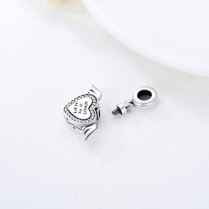 925 Sterling Silver Heart Photo Charm with Wings Cremation Keepsake Urn for Ashes Bracelet Necklace Gift for Women