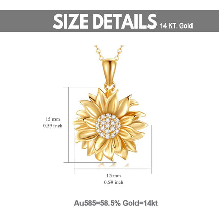 14K Gold  Sunflower Pendant Necklace with Cubic Zirconia Stones - Elegant Floral s for Her