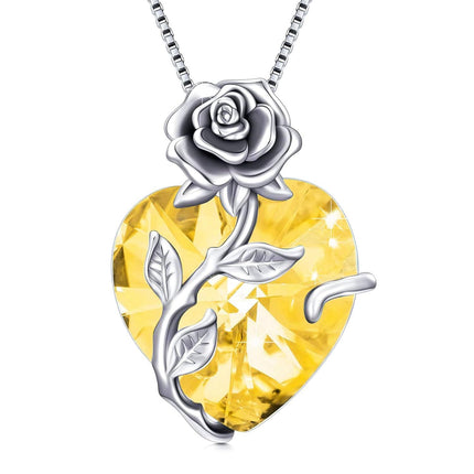 925 Sterling Silver Crystal Rose Flower Heart Pendant Necklace