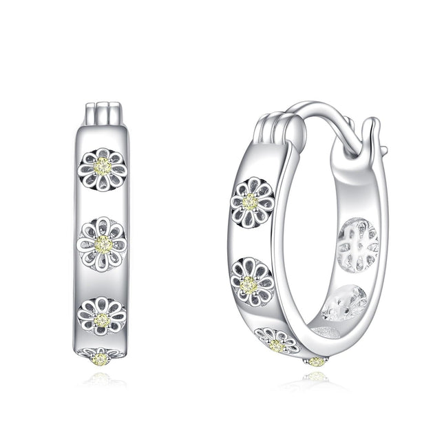 925 Sterling Silver Floral Hoop Earrings - Dainty Daisy Design for Women Girls Gift Set