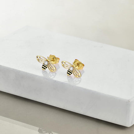 925 Sterling Silver Honeybee Stud Earrings with Black Enamel and Cubic Zirconia for Women
