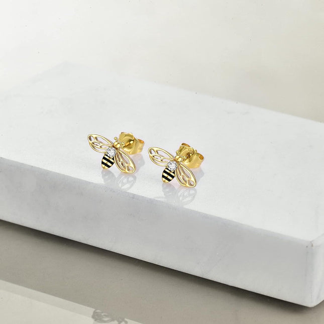 925 Sterling Silver Honeybee Stud Earrings with Black Enamel and Cubic Zirconia for Women