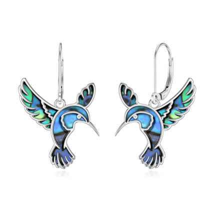 925 Sterling Silver Abalone Hummingbird Leverback Earrings - 3 Flight Postures Dangle Jewelry Gift for Women