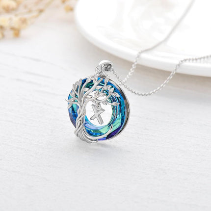 925 Sterling Silver Blue Crystal Tree of Life Initial Necklace Family Letter Pendant Birthday Mother s Day Gifts for Her