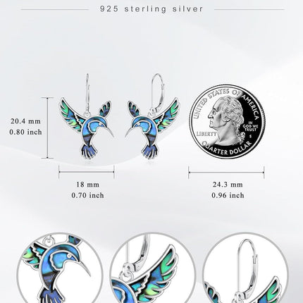 925 Sterling Silver Abalone Hummingbird Leverback Earrings - 3 Flight Postures Dangle Jewelry Gift for Women