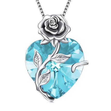 925 Sterling Silver Crystal Rose Flower Heart Pendant Necklace