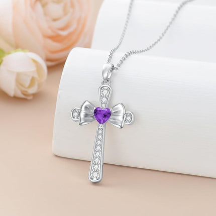 925 Sterling Silver Amethyst Cross Bow Birthstone Necklace for Women, Adjustable Chain, February Gift, Hypoallergenic Jewelry